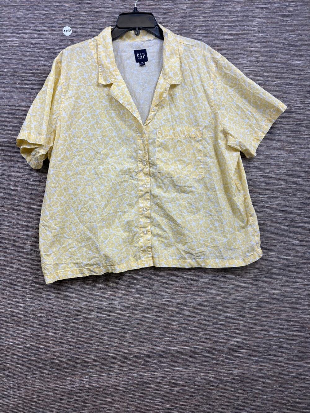 GAP Floral Button Front Blouse Short Sleeve Collared Top Size XXL Yellow White